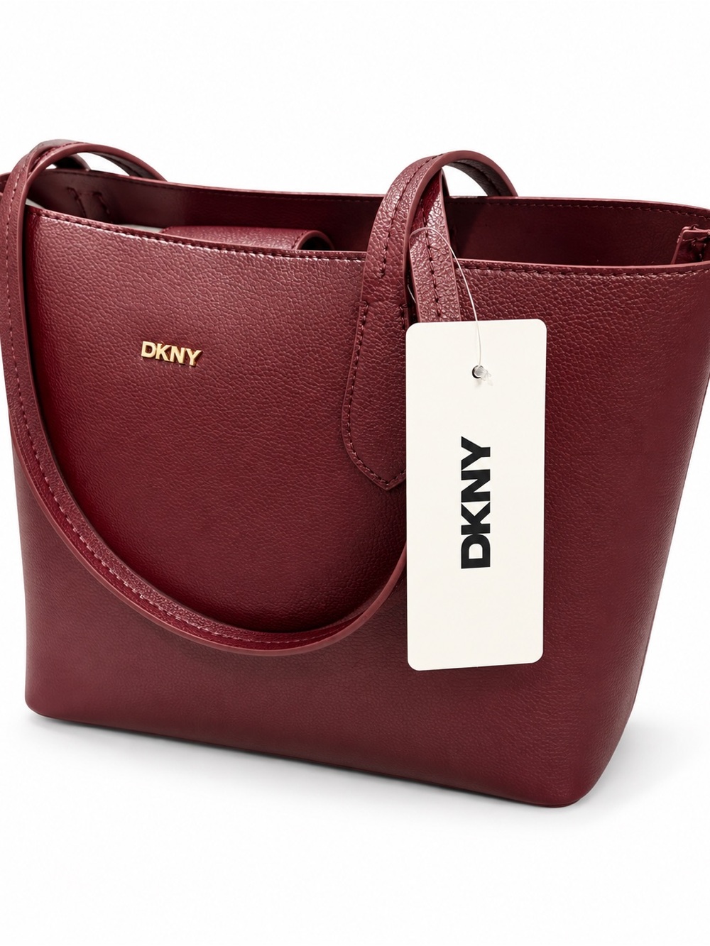 DKNY Pebbled Leather Tote in Burgundy with Gold Logo